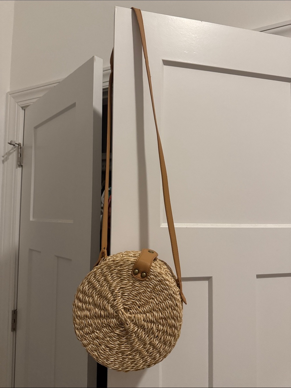 Woven Round Straw Crossbody Bag with Tan Strap